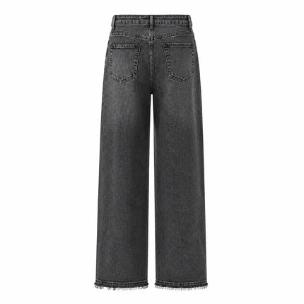 Women's Wide Leg High Waist Jeans, Black‑Gray Vintage Acid Wash Denim, Frayed Hem, Engraved Pattern Fabric, Loose Fit Shaping Legs, Y2K Street Style, Ideal for Urban Outings, Walks, Dates Fx5153