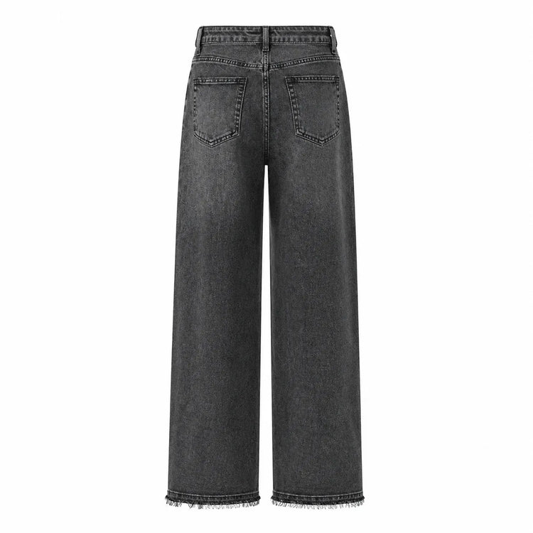 Women's Wide Leg High Waist Jeans, Black‑Gray Vintage Acid Wash Denim, Frayed Hem, Engraved Pattern Fabric, Loose Fit Shaping Legs, Y2K Street Style, Ideal for Urban Outings, Walks, Dates Fx5153