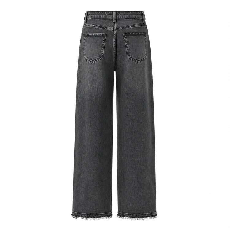 Women's Wide Leg High Waist Jeans, Black‑Gray Vintage Acid Wash Denim, Frayed Hem, Engraved Pattern Fabric, Loose Fit Shaping Legs, Y2K Street Style, Ideal for Urban Outings, Walks, Dates Fx5153