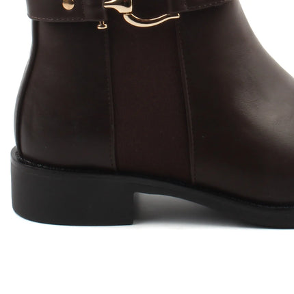 Bel Chou's J130-63 Women's Dark Brown Low Heel Boots with Inner Zipper and Gold Buckle