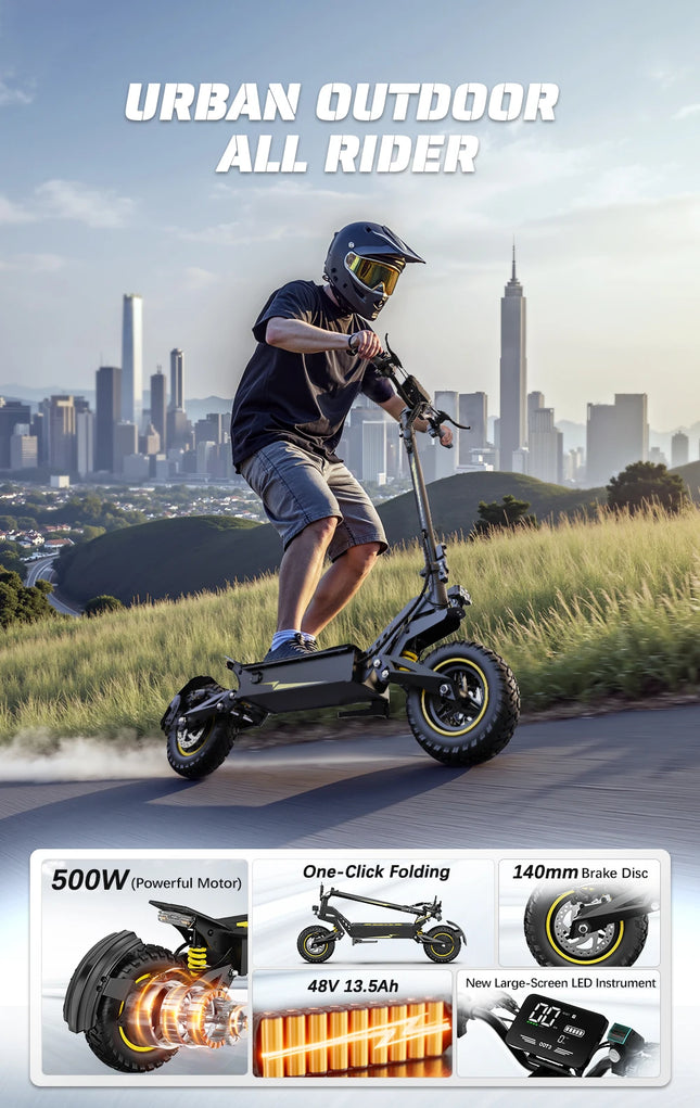 Monopattino Elettrico Pieghevole per Adulti OOTD T10, Motore da 900W e Batteria da 13.5Ah, Autonomia 45-60km, Ruote da 11 Pollici per Tutti i Terreni