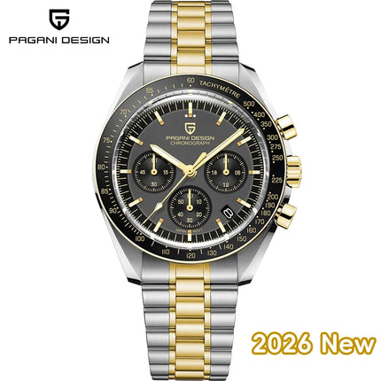 PAGANI DESIGN Nuovo Orologio da Uomo al Quarzo Orologio Luna Dorata Cronografo Sportivo VK63 con Zaffiro AR Luminoso Spedizione Locale