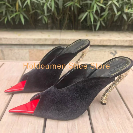 Women's Red Pointed Toe Mule Slippers Velvet U-Shaped Mouth Metal Strange Style Heel Slippers Summer New Style Trend Slippers