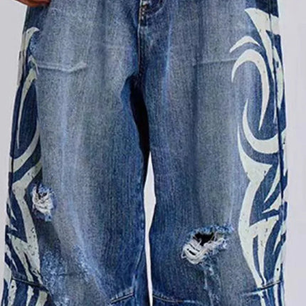 Y2K Jeans larghi con stampa totem screziati vintage americano Jeans da donna a vita alta a gamba larga Jeans hip-hop alla moda da donna