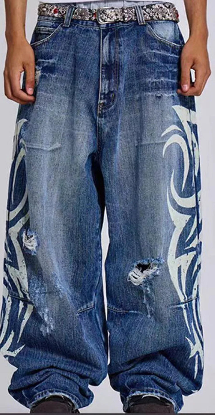 Y2K Jeans larghi con stampa totem screziati vintage americano Jeans da donna a vita alta a gamba larga Jeans hip-hop alla moda da donna