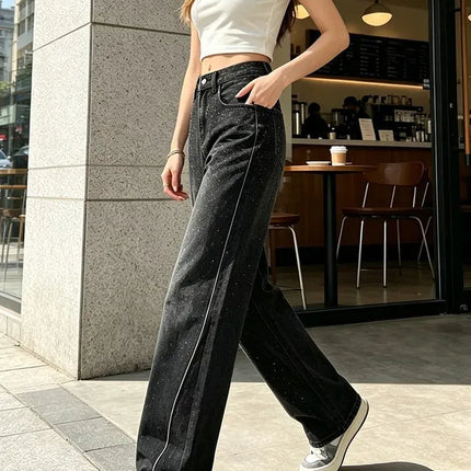 Women's Jeans High Waist Wide Leg Black With Glitter Effect Denim Detail Vintage Wash Side Seams, Large Comfortable Streetwear pants Ideal For Casual Outing And Urban Looks Soft Non-Stringing Fabric YW-1842