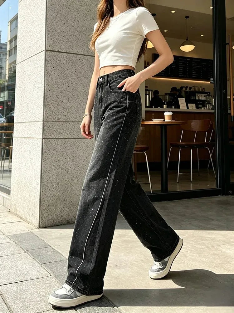 Women's Jeans High Waist Wide Leg Black With Glitter Effect Denim Detail Vintage Wash Side Seams, Large Comfortable Streetwear pants Ideal For Casual Outing And Urban Looks Soft Non-Stringing Fabric YW-1842