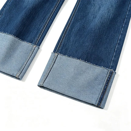 Women's High-Waisted Wide-Leg Jeans, Frayed Hem, Vintage Blue Wash, Slimming Loose Fit, Ideal for Daily Wear, Stylish Casual Look Spring Autumn Yw-1329