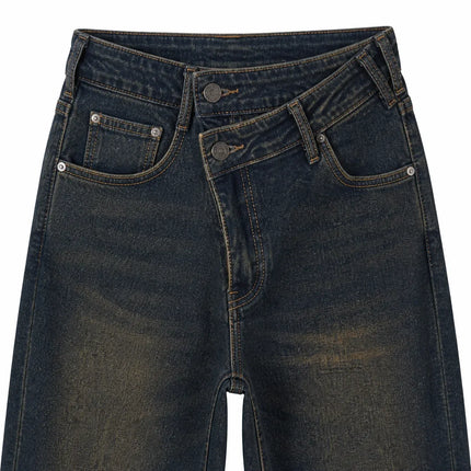Blue cargo woman Jeans Cross-Waist Double buttons Denim Wash Vintage Fit Loose Side Pockets Perfect for Urban Streetwear Casual, Comfortable, Trendy Everyday Look FX912