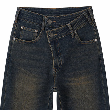 Blue cargo woman Jeans Cross-Waist Double buttons Denim Wash Vintage Fit Loose Side Pockets Perfect for Urban Streetwear Casual, Comfortable, Trendy Everyday Look FX912
