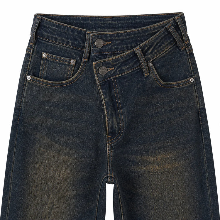 Blue cargo woman Jeans Cross-Waist Double buttons Denim Wash Vintage Fit Loose Side Pockets Perfect for Urban Streetwear Casual, Comfortable, Trendy Everyday Look FX912