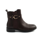Bel Chou's J130-63 Women's Dark Brown Low Heel Boots with Inner Zipper and Gold Buckle