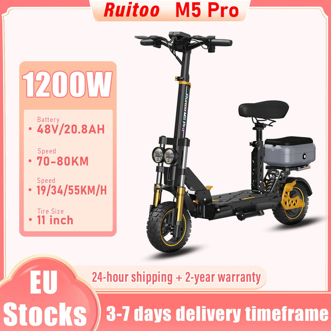 Ruitoo M5Pro Scooter elettrico Motore 1200W Batteria 48V20.8AH Velocità 55KM/h Pneumatici fuoristrada da 11 pollici Design portatile pieghevole