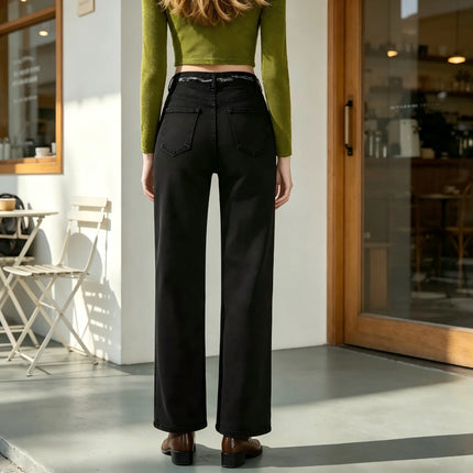 Women's High-Waisted Wide-Leg Black Jeans, Dark Wash, Comfortable Fit, Stylish Casual Streetwear, Trendy Vintage Cut, Loose-Fit Pants That Slim the Figure, Ideal for Outings, Leisure, and Daily Wear Fx1338-1