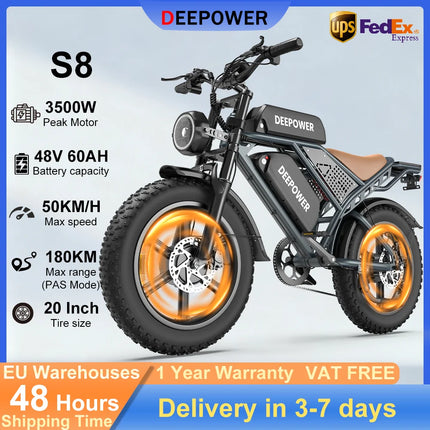 Bicicletta Elettrica DEEPOWER S8 3500W Doppio Motore 48V 60Ah Doppia Batteria Bici Elettrica Fuoristrada Pneumatici Larghi 20 Pollici E-bike per Tutti i Terreni