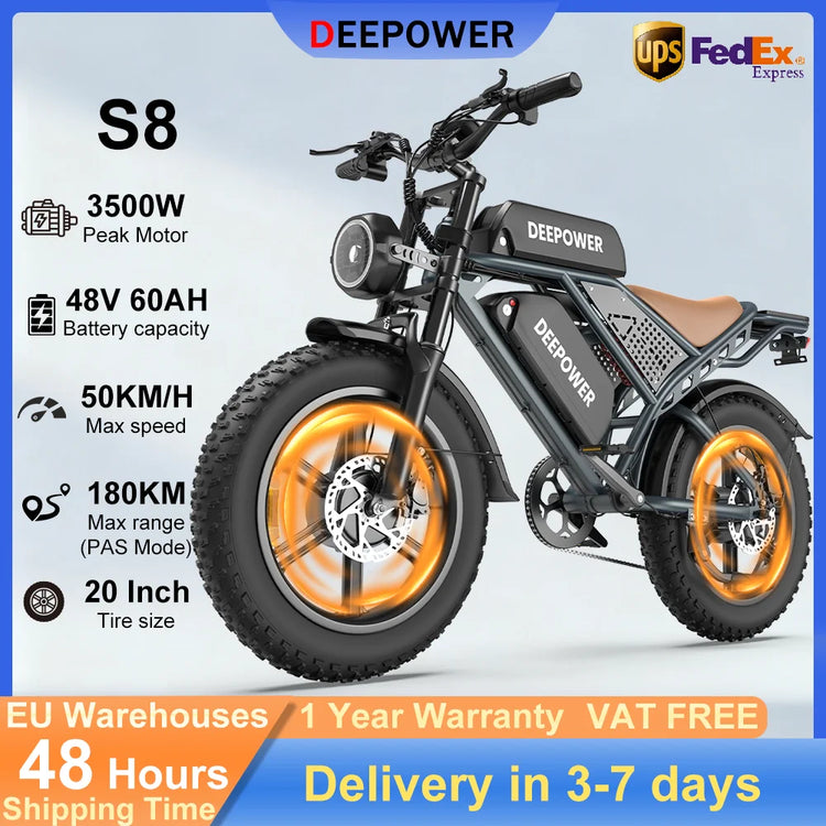Bicicletta Elettrica DEEPOWER S8 3500W Doppio Motore 48V 60Ah Doppia Batteria Bici Elettrica Fuoristrada Pneumatici Larghi 20 Pollici E-bike per Tutti i Terreni