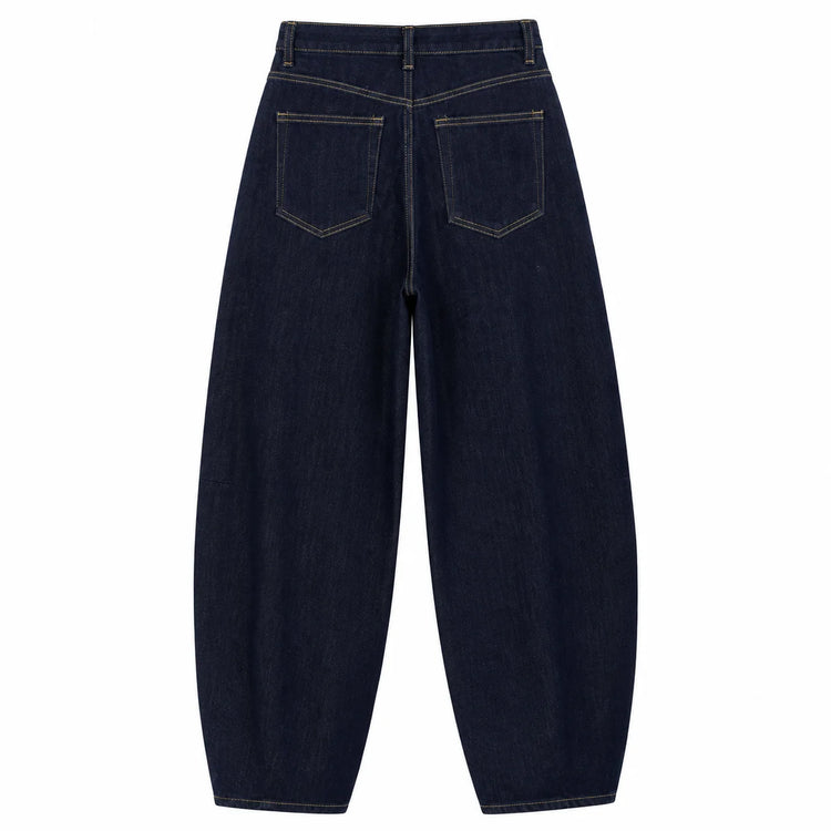 Women’s high-waisted barrel jeans, Y2K-style unwashed dark blue denim, large trousers with contrast stitching, comfortable casual streetwear fit, sizes XS–XL sold individually FX5379-6