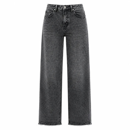 Women's Wide Leg High Waist Jeans, Black‑Gray Vintage Acid Wash Denim, Frayed Hem, Engraved Pattern Fabric, Loose Fit Shaping Legs, Y2K Street Style, Ideal for Urban Outings, Walks, Dates Fx5153
