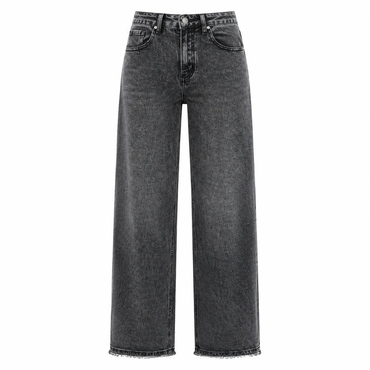 Women's Wide Leg High Waist Jeans, Black‑Gray Vintage Acid Wash Denim, Frayed Hem, Engraved Pattern Fabric, Loose Fit Shaping Legs, Y2K Street Style, Ideal for Urban Outings, Walks, Dates Fx5153