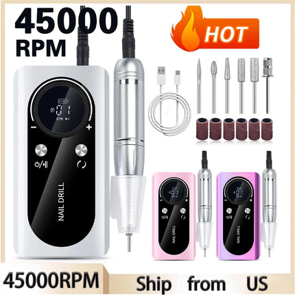 45000RPM Nail Drill Machine Rechargeable Nail Drill Electric Nail File Set With 6 Bits Sanding Bands Multifunctional Nail Tools