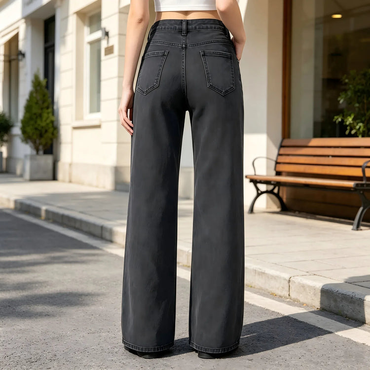 Women's High-Waisted Wide-Leg Jeans, Vintage Faded Dark Wash, Casual Streetwear Style, Elegant Modern Retro Style Pants, Flowy Cut That Elongates the Legs and Enhances the Silhouette, Comfortable Fit, Ideal for Outings Fx1338