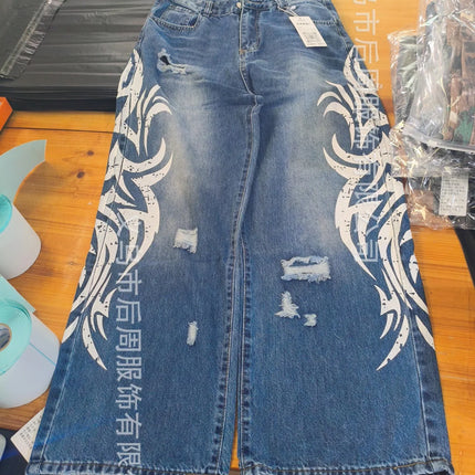 Y2K Jeans larghi con stampa totem screziati vintage americano Jeans da donna a vita alta a gamba larga Jeans hip-hop alla moda da donna