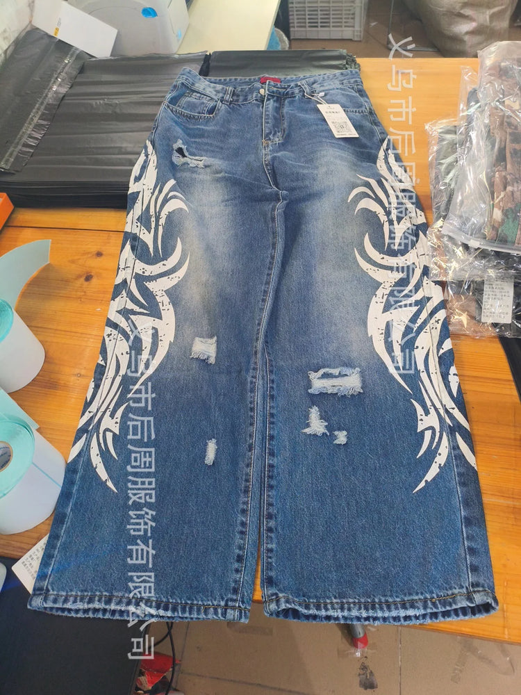 Y2K Jeans larghi con stampa totem screziati vintage americano Jeans da donna a vita alta a gamba larga Jeans hip-hop alla moda da donna