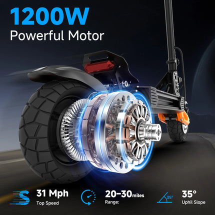 EU Stock 1200W Electric Scooter 31 MPH Adult Commuter Electric Scooter With A Range Of Up To 30 Miles 10 Inch Thickened And Widened Off Road Puncture-Resistant Tires All-Around Comfortable Riding Experience