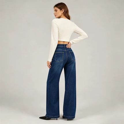 Woman High Waist Wide Leg Jeans Dark Blue Classic Wash Denim Elastic Soft Fit Modern Casual Ideal For Daily Outing And Urban Look Values The Silhouette Hails Legs YW1190