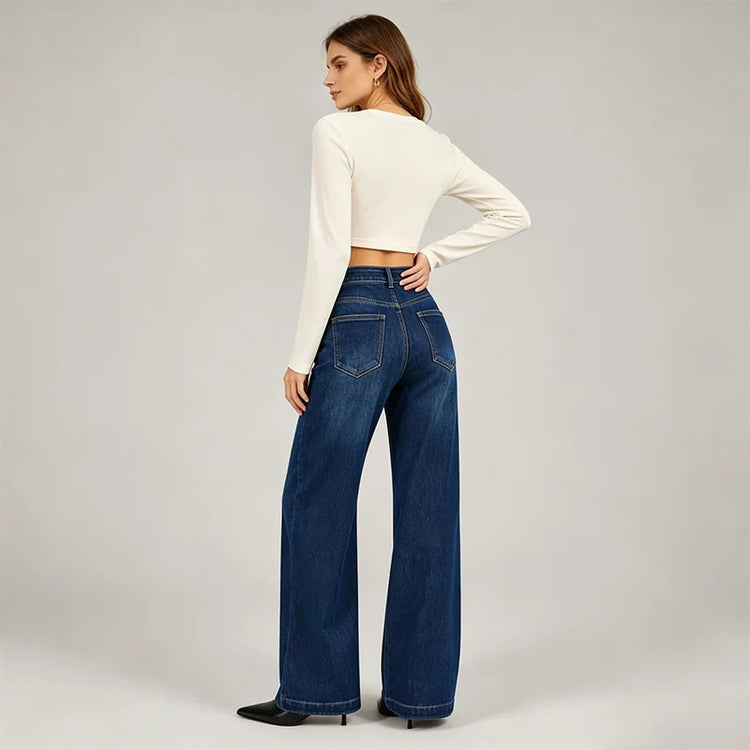 Woman High Waist Wide Leg Jeans Dark Blue Classic Wash Denim Elastic Soft Fit Modern Casual Ideal For Daily Outing And Urban Look Values The Silhouette Hails Legs YW1190