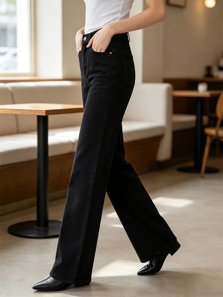 Women’s high-waisted wide-leg black jeans, dark washed denim with elastane, casual large trousers for the city, office, and outings, figure-flattering fit, comfortable fabric that doesn’t constrict FX1338-1