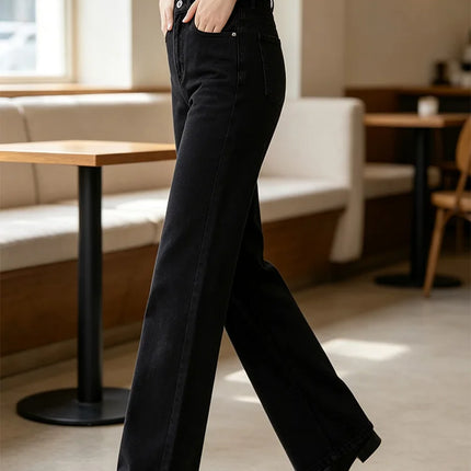 Women’s high-waisted wide-leg black jeans, dark washed denim with elastane, casual large trousers for the city, office, and outings, figure-flattering fit, comfortable fabric that doesn’t constrict FX1338-1