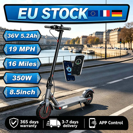 Monopattino elettrico da 350W con spedizione dall'UE, velocità massima di 30 km/h, autonomia fino a 32 km e capacità di carico massima di 120 kg. Questo monopattino elettrico pieghevole dotato di un sistema di doppio freno