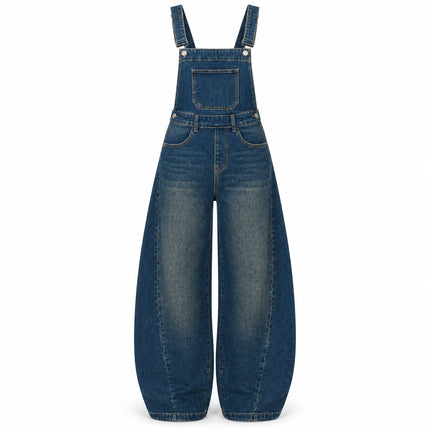 Women's Trendy Vintage Wash Balloon-Leg Denim Overalls, Adjustable Suspenders, Loose-Fitting Pants with Practical Pockets That Flatter the Figure, Urban Casual Streetwear Style, Durable Denim Fabric, Ideal for Spring and Autu