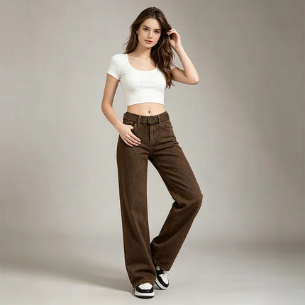 Wide Leg woman Brown Coffee Wash Vintage Denim High Waist Loose Fit Solid Stitching Casual Streetwear trousers Perfect for Urban Look, Daily Outing and Trending Outfits YW-1678