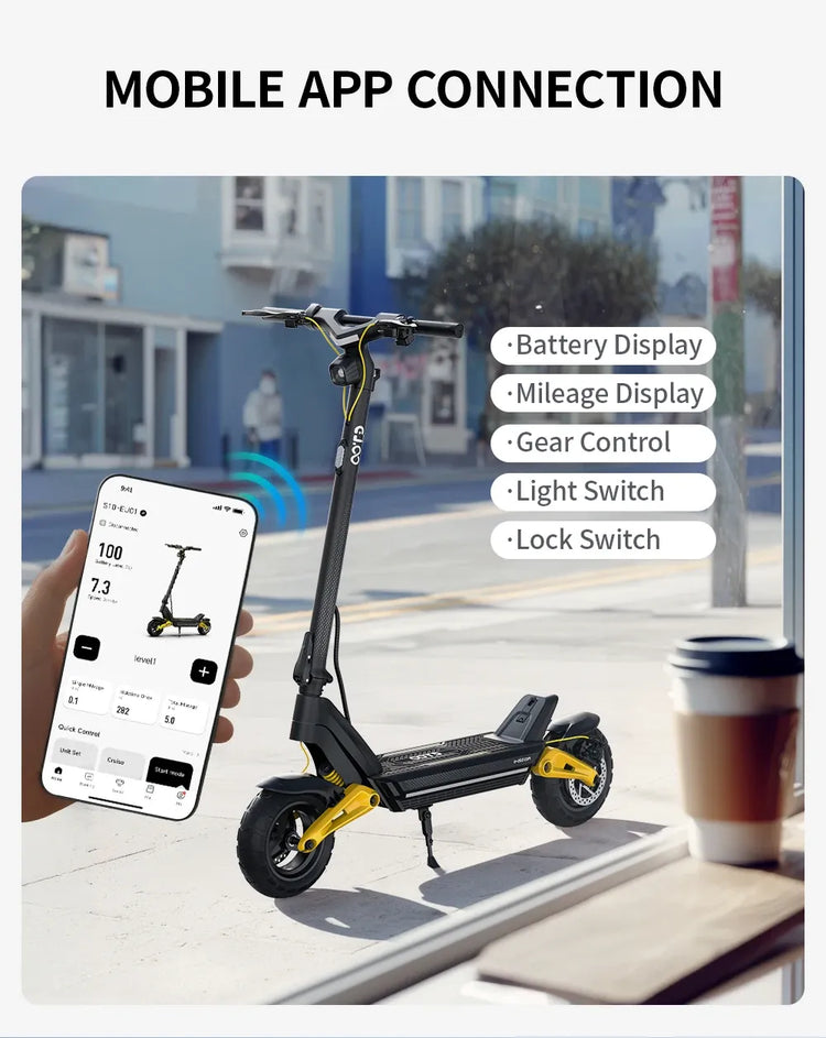 Monopattino Elettrico OOTD S10 10 Pollici con Bluetooth e APP, 1400W 48V 20AH, Velocità Massima 55KM/H, Autonomia 70km, Leggero, Doppia Sospensione