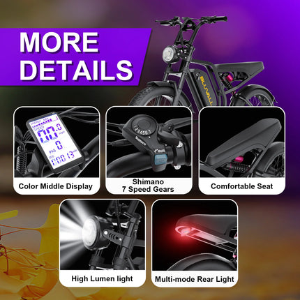 Bicicletta Elettrica DEEPOWER SU8 per Tutti i Terreni, Motore Brushless ad Alte Prestazioni da 1500W, Batteria Rimovibile ad Alte Prestazioni da 52V 20Ah, Bici Elettrica per Adulti con Freni Idraulici a 7 Velocità, Doppia So