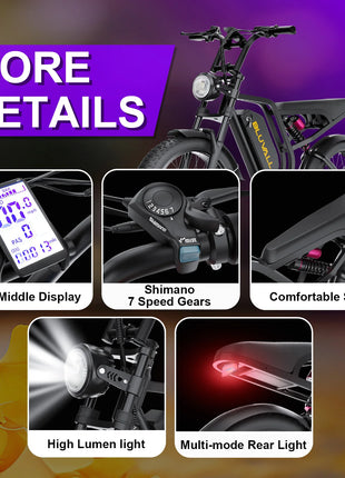 Bicicletta Elettrica DEEPOWER SU8 per Tutti i Terreni, Motore Brushless ad Alte Prestazioni da 1500W, Batteria Rimovibile ad Alte Prestazioni da 52V 20Ah, Bici Elettrica per Adulti con Freni Idraulici a 7 Velocità, Doppia So