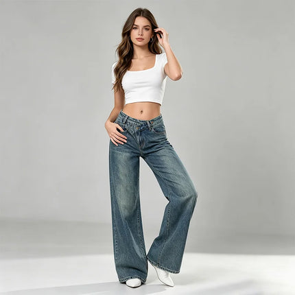 Women's High-Waisted Jeans with Criss-Cross Closure, Wide-Leg Vintage Faded Wash Effect, Trendy Streetwear Style Loose Denim Pants, Comfortable Fit That Enhances the Silhouette, Versatile Design, Yw-1910