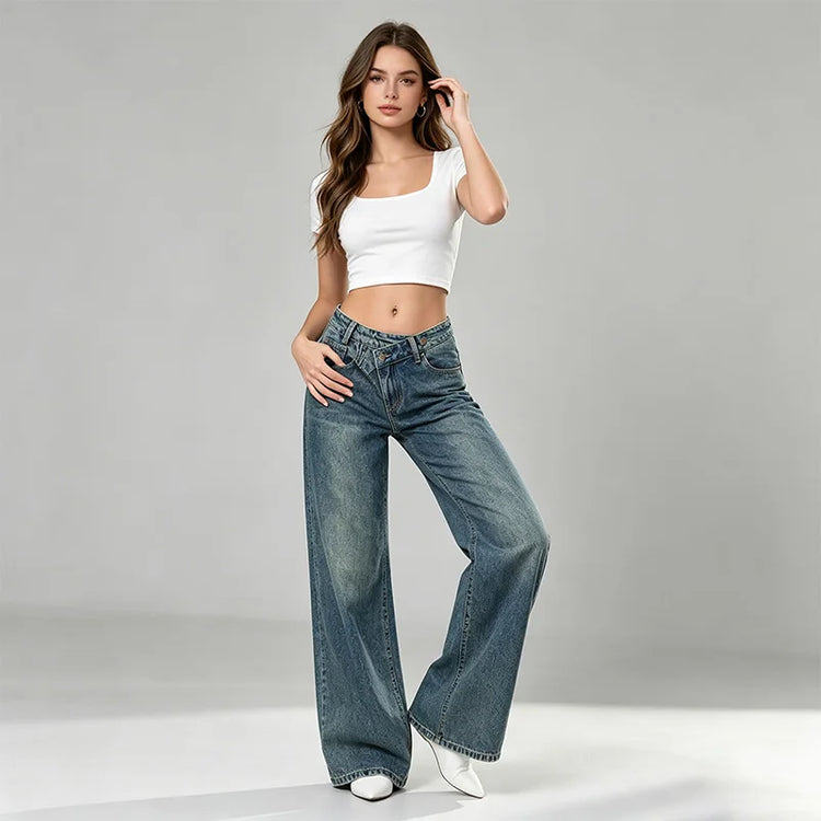 Women's High-Waisted Jeans with Criss-Cross Closure, Wide-Leg Vintage Faded Wash Effect, Trendy Streetwear Style Loose Denim Pants, Comfortable Fit That Enhances the Silhouette, Versatile Design, Yw-1910