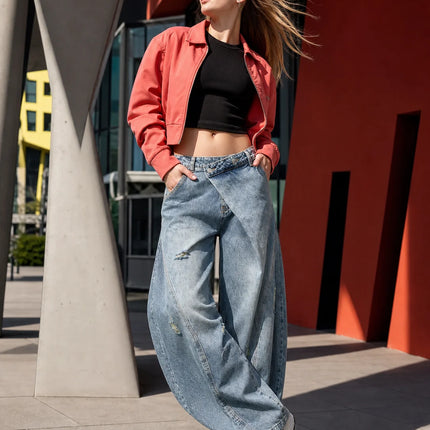 Y2K women’s cross-waist baggy jeans, light-wash effect wide-leg denim trousers with decorative rips and asymmetrical stitching, streetwear style, sizes XS‑S‑M‑L YW1587
