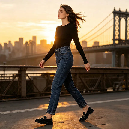 Dark Blue High Waist woman Straight Jeans Shiny Rhinestone Denim Washed Comfortable Fit Elegant City Party Outings FX5310