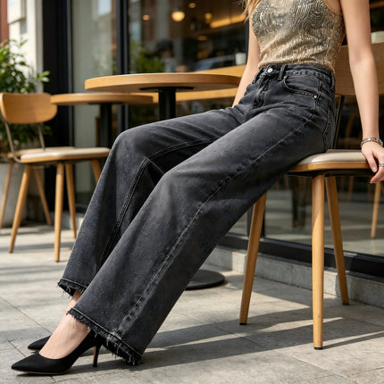Women's High-Waisted Wide-Leg Jeans in Gray and Black Vintage Style, Trendy Frayed Hem Loose Fit, Stylish Casual Pants in Streetwear Style, Retro Distressed Wash, Flowy Cut That Elongates Legs and Enhances the Silhouette, Fx5