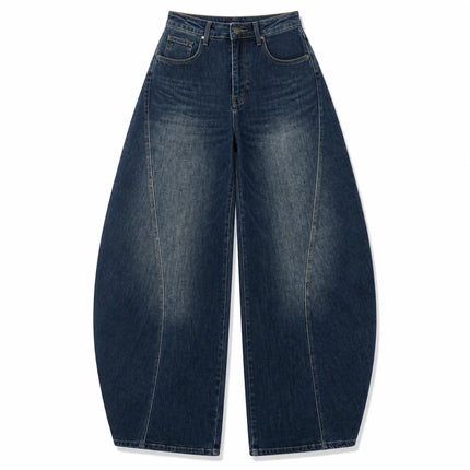 Women’s high-waisted bootcut vintage-wash jeans, cuffed-leg denim trousers with contoured stitching, Y2K streetwear casual fashion, sizes XS–XL sold individually FX5433