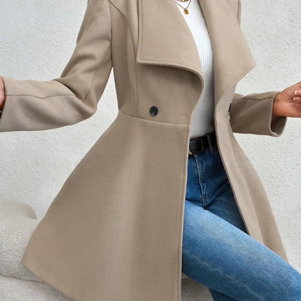 Women's Autumn Winter Yellow Woolen Coat Elegant Lapel Double Button Slim Fit Mid-Length Overcoat Casual Long Sleeve Outerwear F