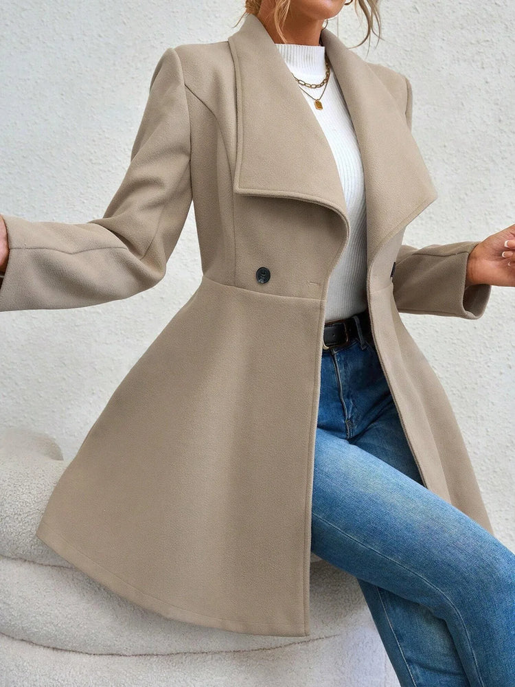 Women's Autumn Winter Yellow Woolen Coat Elegant Lapel Double Button Slim Fit Mid-Length Overcoat Casual Long Sleeve Outerwear F