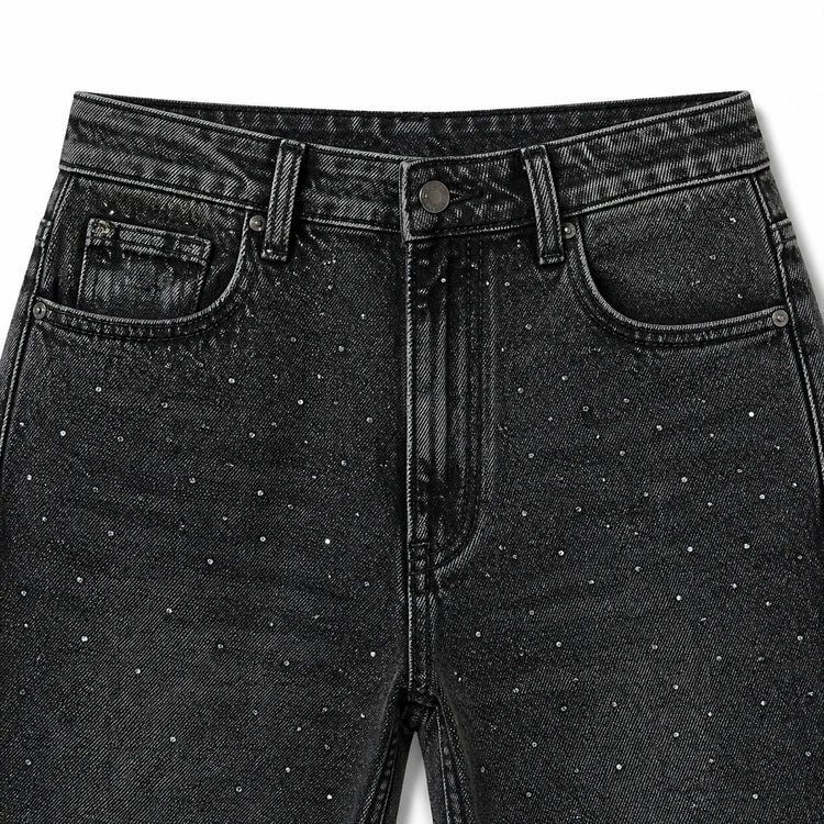 High Waist Straight Jeans Black Grey woman Wash Stone Rhinestones Soft Denim Slim Comfortable Modern Style City Outings Evening Special FX5311