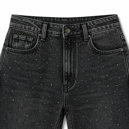 High Waist Straight Jeans Black Grey woman Wash Stone Rhinestones Soft Denim Slim Comfortable Modern Style City Outings Evening Special FX5311