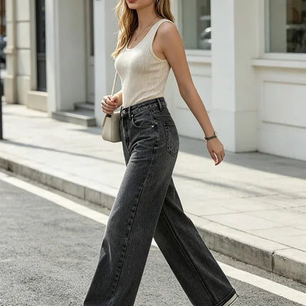 High Waist Wide Leg Women's Jeans Black Vintage Wash Effect Denim Fitted Retro Texture, Wide Soft Streetwear pants, Ideal for Casual Outings And Urban Looks, Comfortable Fit Valuing Silhouette FX5153