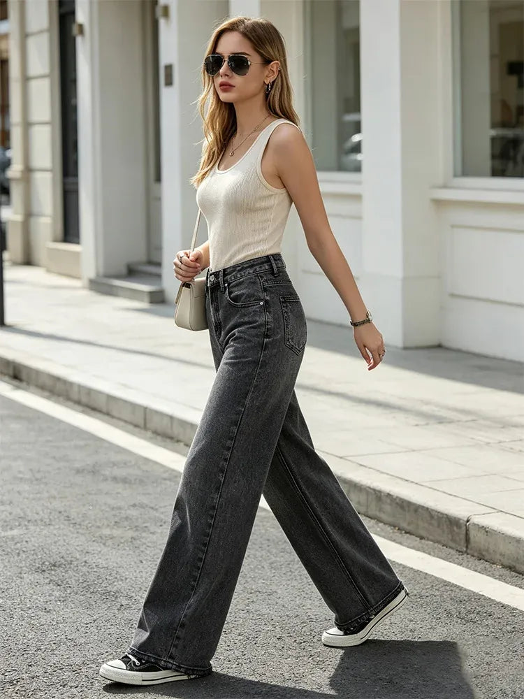 High Waist Wide Leg Women's Jeans Black Vintage Wash Effect Denim Fitted Retro Texture, Wide Soft Streetwear pants, Ideal for Casual Outings And Urban Looks, Comfortable Fit Valuing Silhouette FX5153